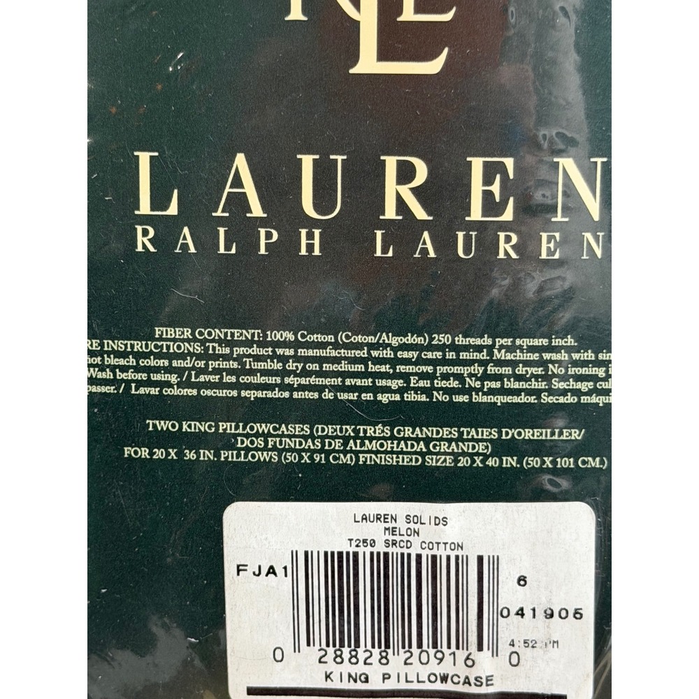Lauren Ralph Lauren King Pillowcases Set of 2 Melon Solid 250TC Cotton New - Picture 6 of 6